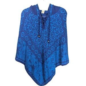 VTG Albinaas Alpaca Hooded Sweater Poncho Bright Blue Graphic Print OS
